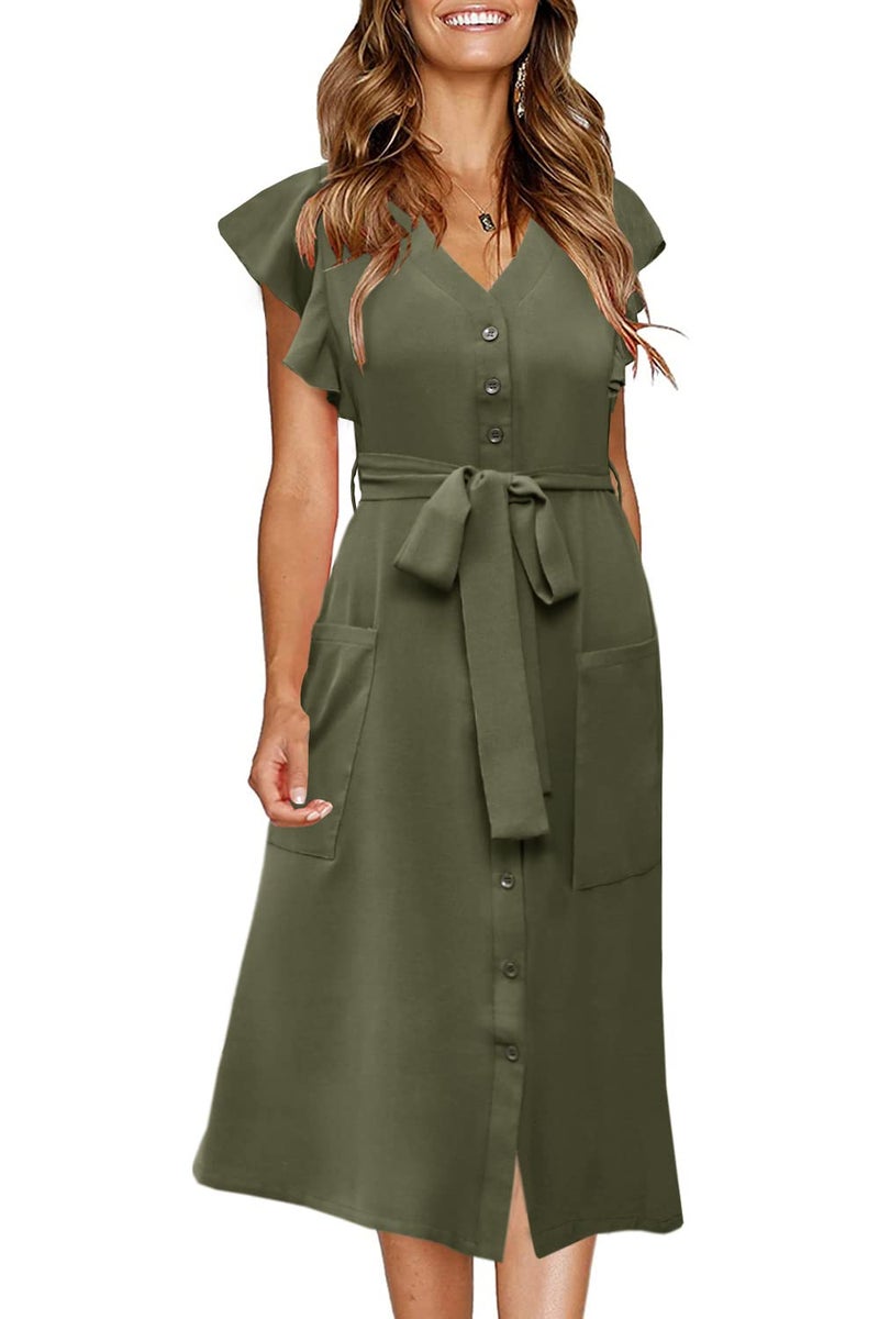 MITILLY Womenâ€™s Boho Flutter Short Sleeve V Neck Button Down A-Line Swing Casual Midi Dress with Pockets Large Army Green - Image 1